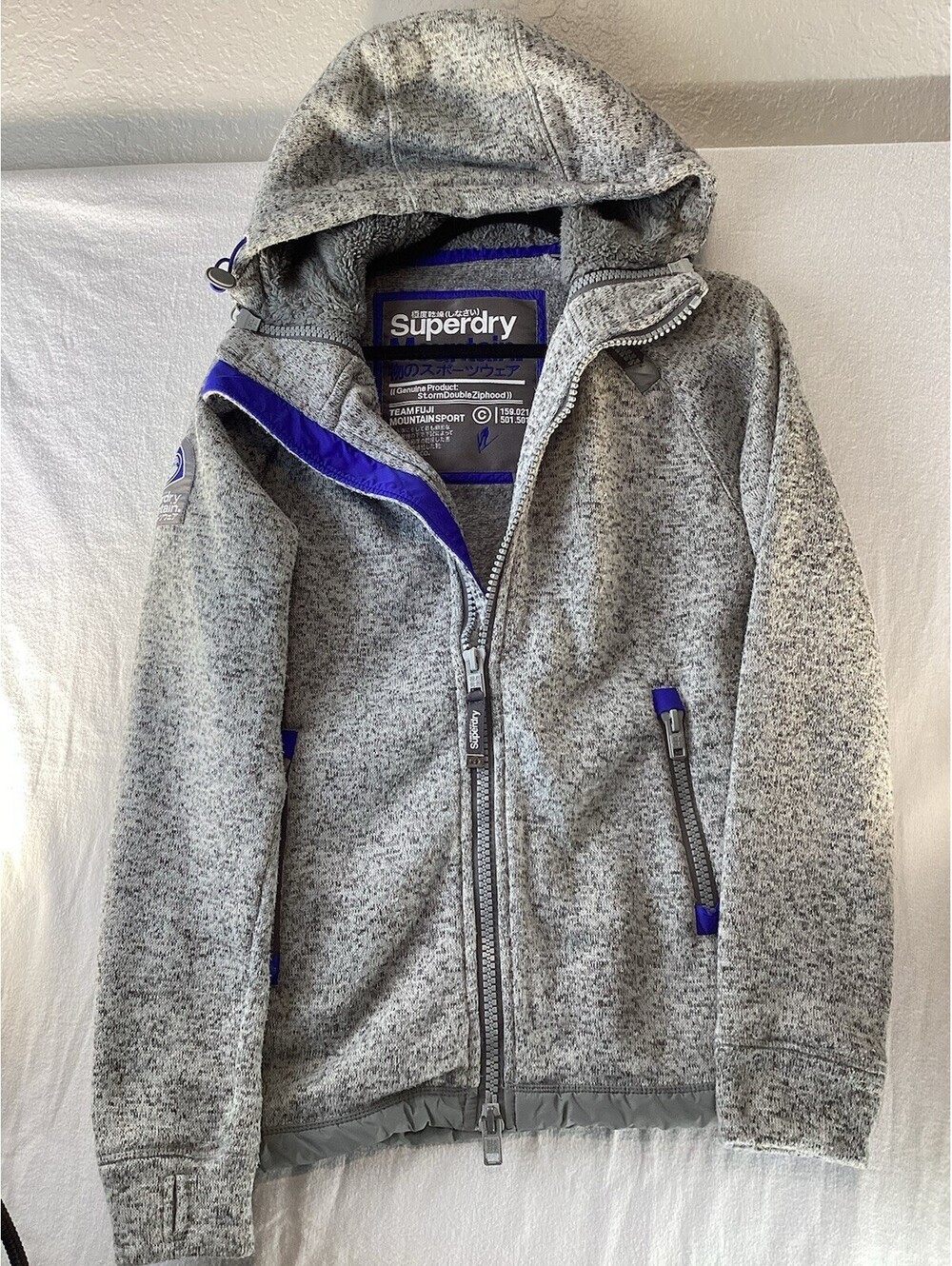 SUPERDRY Storm Coat Jacket Grey Knit Hoodie Unisex Large Lg L Full Zip Pockets